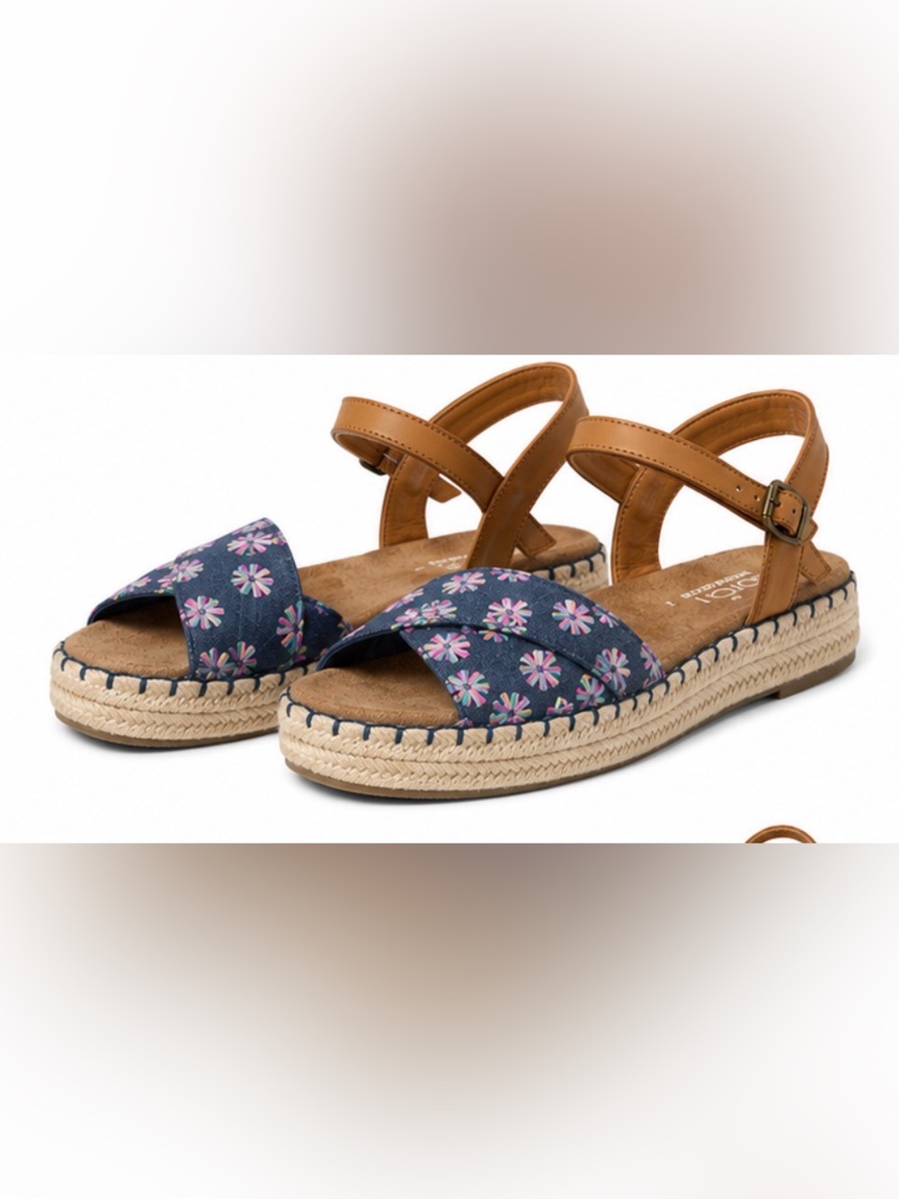 Toms Navy Floral Espadrille Sandals with Tan Straps